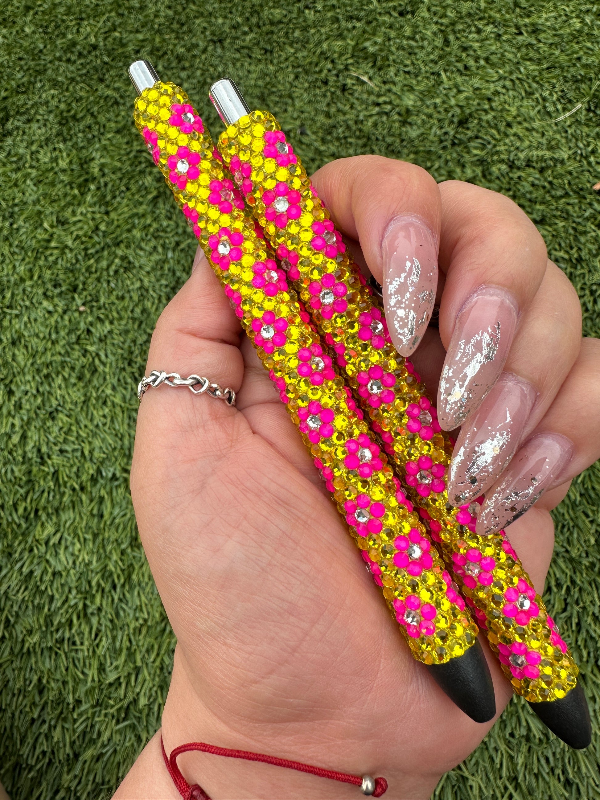 Yellow with Neon pink Flowers - blingedbyclara - Yellow with Neon pink Flowers